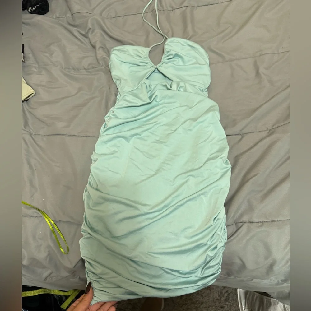 Oh Polly Light Blue Ruched Mini Dress - Picture 4 of 4